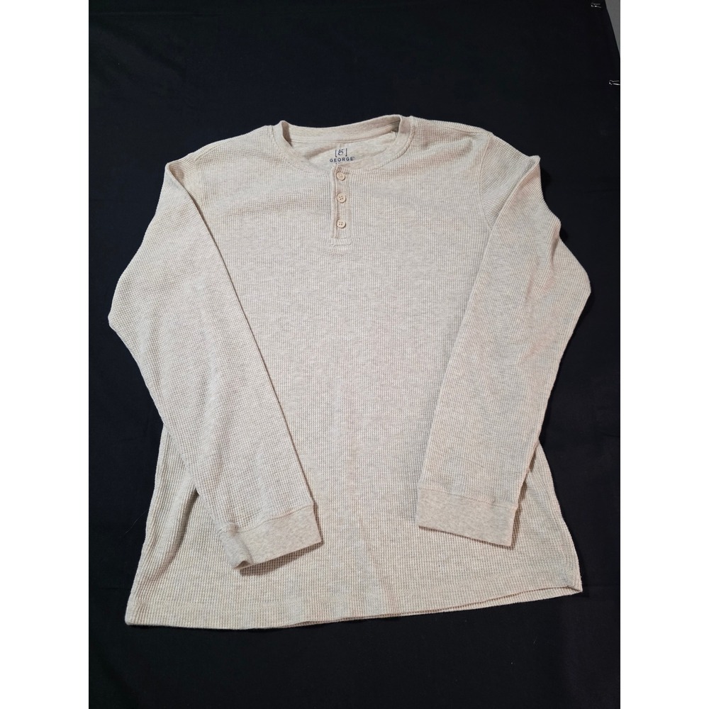 George Mens Oatmeal Heather Waffle Knit Long Sleeve Henley Shirt Large 42-44